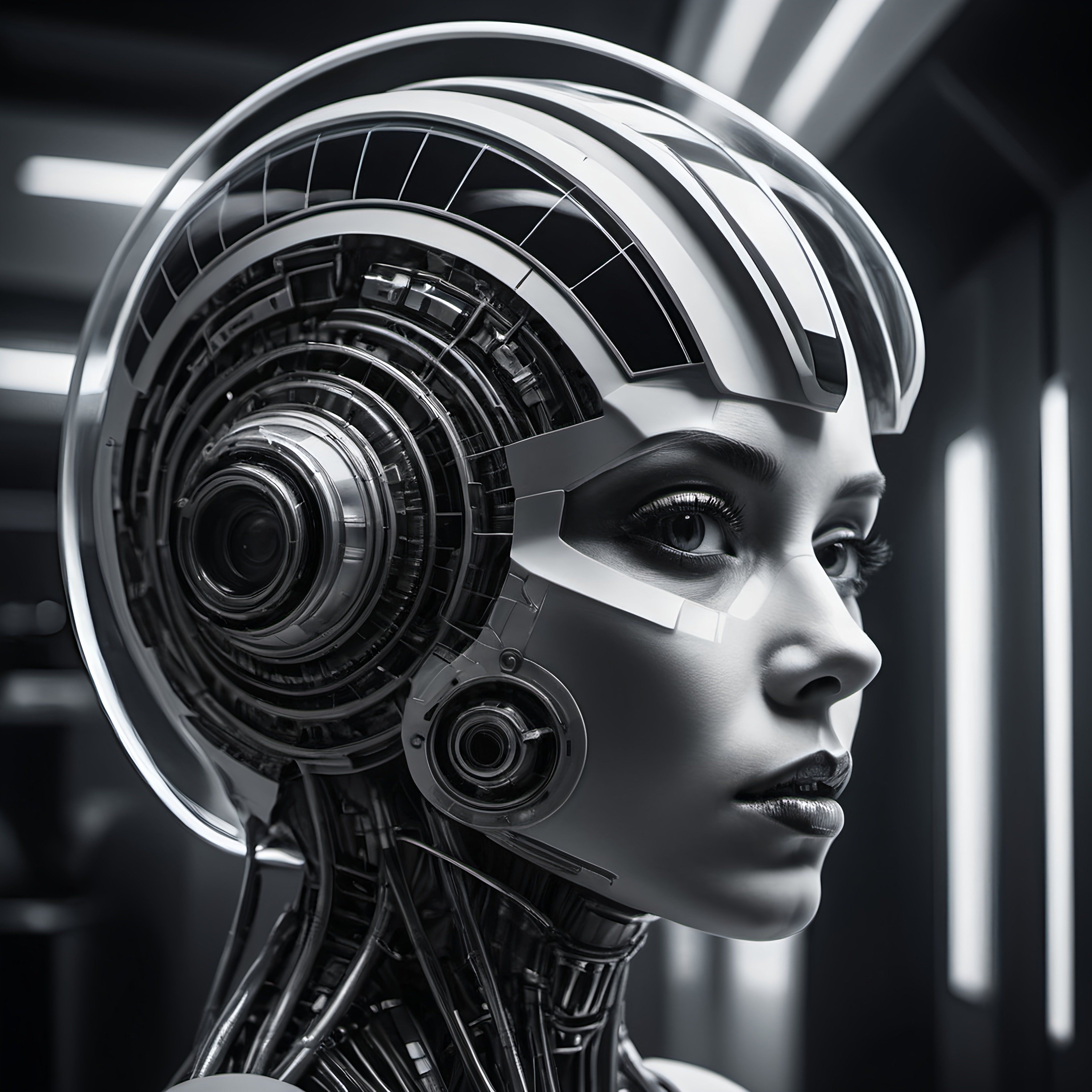 Prompt: a woman with a futuristic head and a futuristic helmet on her head, looking into the distance with a sci - fi fi fi