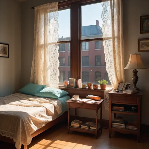 Prompt: Artist loft lit in noon siesta light . Nightstand with a book and a coffee cup on it and tiffany lamp. Lace window curtain flows in breeze looking out onto European street.Boxer shorts on floor. hazy light
open box of candy on unmade bed