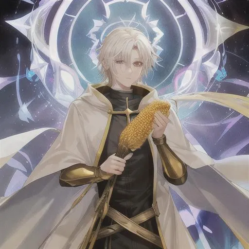 Anime style, an attractive, young male cleric with short blond hair  conjures light magic on Craiyon