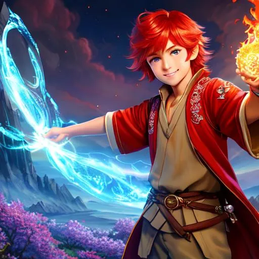 Prompt: oil painting, fantasy, hobbit boy, tanned-skinned-male, beautiful, bright red hair, straight hair, rosy cheeks, smiling, looking at the viewer, summoner wearing intricate robes and casting a fire spell, #3238, UHD, hd , 8k eyes, detailed face, big anime dreamy eyes, 8k eyes, intricate details, insanely detailed, masterpiece, cinematic lighting, 8k, complementary colors, golden ratio, octane render, volumetric lighting, unreal 5, artwork, concept art, cover, top model, light on hair colorful glamourous hyperdetailed medieval city background, intricate hyperdetailed breathtaking colorful glamorous scenic view landscape, ultra-fine details, hyper-focused, deep colors, dramatic lighting, ambient lighting god rays, flowers, garden | by sakimi chan, artgerm, wlop, pixiv, tumblr, instagram, deviantart
