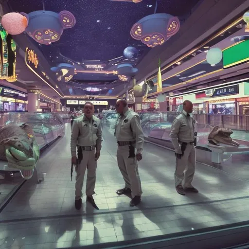 Prompt: alligator security guards in a busy alien mall, widescreen, infinity vanishing point, galaxy background, surprise easter egg