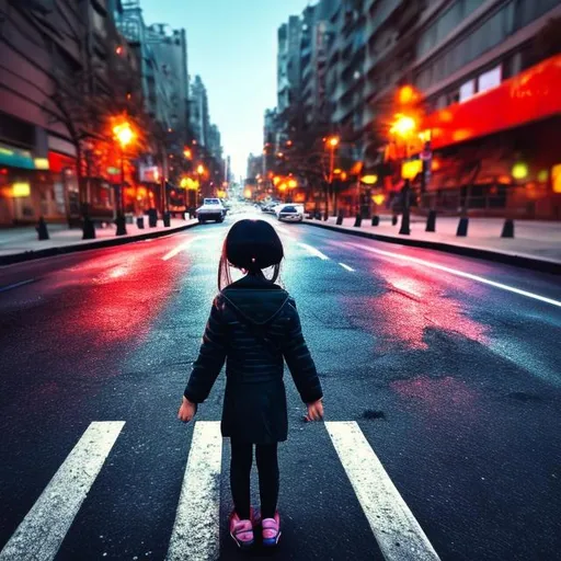 Prompt: A little girl with big eyes and black hair stood in the middle of the road , 4k resolution masterpiece, sharp focus detailed, sf,
