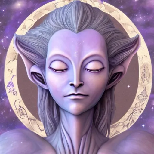 Prompt: gentle androgynous alien, lavender skin, protector of earth etherial soft benevolent in meditation surrounded by celestial