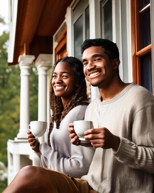 Prompt: A close up photo of a young couple sitting on the porch of a beautiful house, sipping mugs of hot steamy cocoa