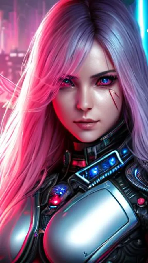 Prompt: Science fiction, fantasy, Clear, high resolution, 8k, full body, bloodied futuristic, cyberpunk, angelic, noble, female warrior, bloody, sadistic, detailed, intricate, futuristic, colourful, clear eyes. Crisp image, extremely detailed face. Intricate background. 