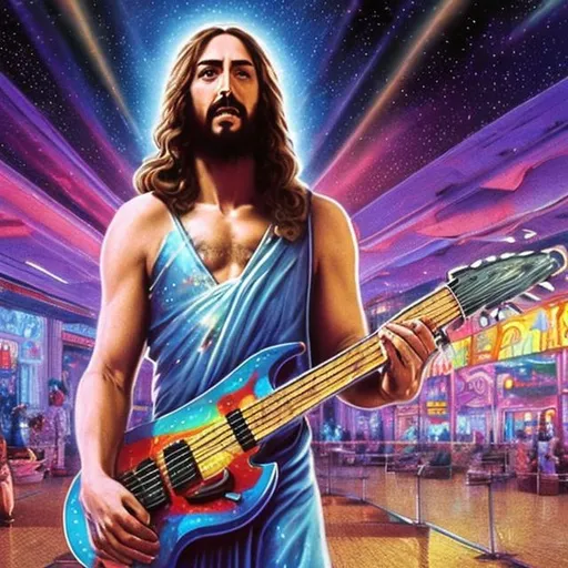 Prompt: Jesus playing double-neck guitar in a busy alien mall, widescreen, infinity vanishing point, galaxy background, surprise easter egg