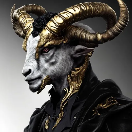 Prompt: humanoid gray goat, crowned with a pair of wickedly curved golden horns. He is dressed in a black suit and velvet cape, with a rose pinned on his left shoulder. Upon his head is a beau and the right side of his face is covered with a golden mask.