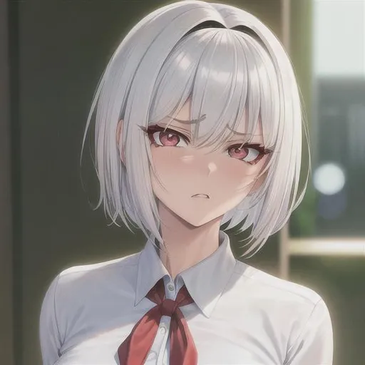 Prompt: 90s anime style, detailed, intricate face, portrait, detailed eyes, gentle tones, 90s tones, 90s era, 1girl, beautiful woman, short hair, {{white hair}}, red eyes, black pupil's, wearing school uniform, {{frustrated expression}}