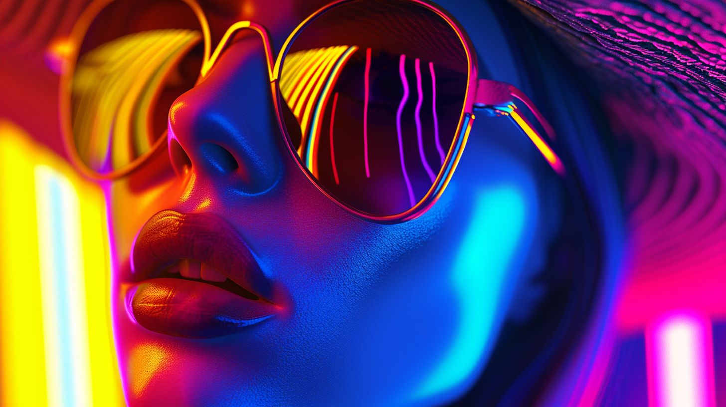 Prompt: neon girl with sunglasses, hat and sunglasses, in the style of strip painting, octane render, poolcore, bold use of light, comic art, colorful figures, 32k uhd