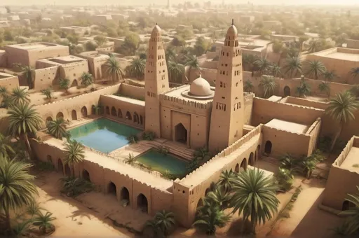 Prompt: Fantasy Illustration of the great mosque of Djenné in Mali, entire structure, garden with a well and palms, birdview, immersive world-building, high quality, detailed, epic scale, fantasy, game style, vibrant colors, atmospheric lighting, ancient african city background