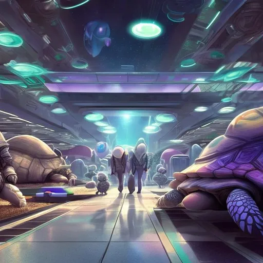 Prompt: turtle security guards in a busy alien mall, widescreen, infinity vanishing point, galaxy background, surprise easter egg