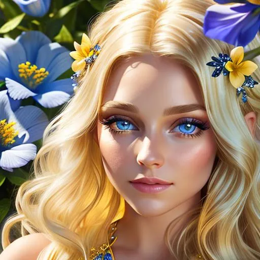 Prompt: Pixie dust princess, long blonde hair, sapphire eyes, yellow flowers in her hair,  facial closeup