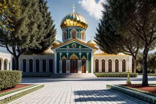 Prompt: Please create the artistic image of Abkhazia as a very beautiful country by designing high-detailed and exquisite classical Abkhazian cultural buildings and masterpiece Christian Orthodox churches following all the main principles of architecture: axis, symmetry, hierarchy, datum, rhythm, balance and proportions. Use UHD engine 5, Octane 3D, hi res 256 K, HDR, fit in frame, reflective, harmony, realistic. Apply stunning background to the image composition: Caucasus Mountains, biologically flawless palm trees and plants, the coast of the Black Sea.