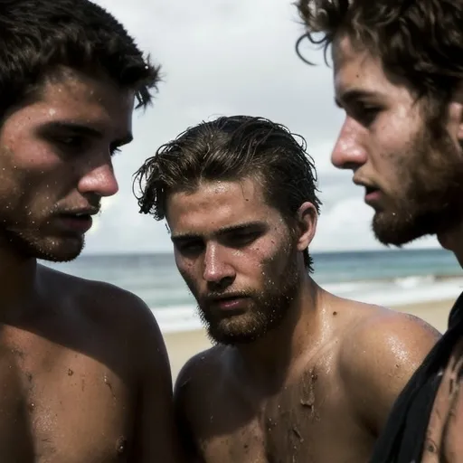 Prompt:  Young college-age men shipwrecked on an island, minimal clothing,  filthy, growing beards,  no more than five in a picture, daily island life, dramatic lighting, natural earthy tones, rugged and adventurous atmosphere, dense jungle background, sandy beach, ultra-detailed, 4K, cinematic masterpiece, highly realistic facial close-ups, young men becoming wild and savage