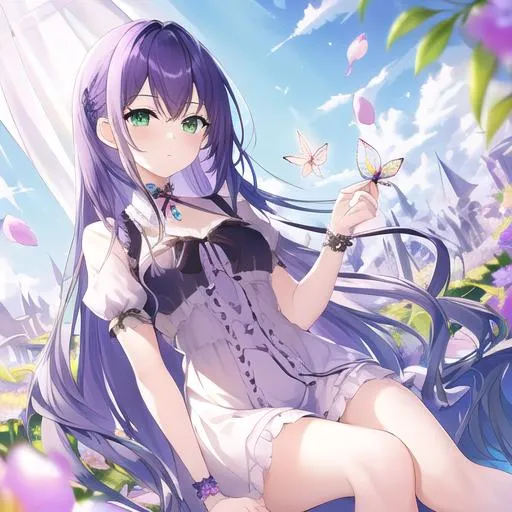 Prompt: (masterpiece, best quality:1.2), illustration, absurdres, highres, extremely detailed, 1 girl inside a sandglass, blue long hair, green eyes, eye highlights, dress, flower, fluttering petals, depth of field, (:d:0.8), chromatic aberration abuse, pastel color, Depth of field, purple tint,(purple fog:1.3)