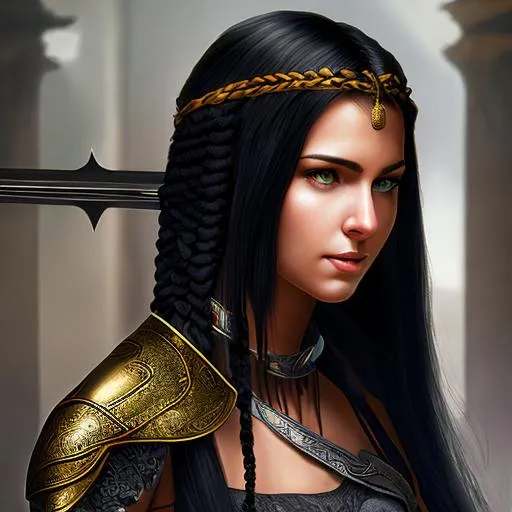 Prompt: ((Girl with long braided black hair with a broadsword)), artgerm, rendered, blonde, portrait