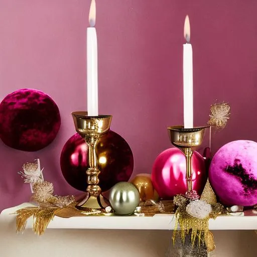 Prompt: Pink velvet still life with candles and baubles