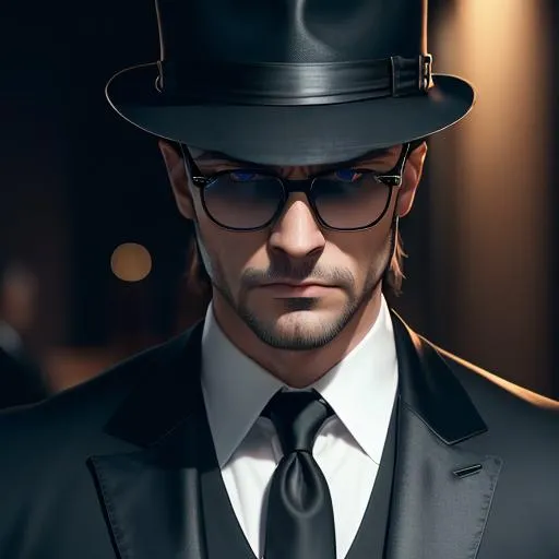 Prompt: 1 man,mafia, fantasy, fictional, muscular, dark room backdrop, black glasses, overhead view, 8k uhd, 4k uhd, highly detailed blue eyes, highly detailed face, innocent looking, regal, 8k UHD, long sleeved,black suit clothed, black hat, dark meeting room view landscape, mafia feel, aerial view, idyllic, overhead shot