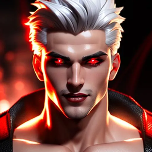 Prompt: ((best quality)) 3D render, Splash art masterpiece of seductive masculine top-down crazy modern vampire man with ((hyperdetailed white silky hair)) and ((hyperdetailed bloodshot red eyes)) and beautiful hyperdetailed masculine attractive sharp face and nose and big lips, ((white skin)), red shy blush with grin, blood dripping down lips and body, red blood, backlit, ((intricately hyperdetailed yellow modern thin mesh suit)) with deep cleavage and visible abdominal muscles, abs, toned body, barely any clothing, mesh dress, ((seductive crazy grin face)), looking up at camera, standing jojo pose, looking down perspective, bokeh background, cinematic glamour lighting, backlight, action shot, intricately hyperdetailed, perfect face, perfect body, perfect anatomy, hyperrealistic, sharp focus, epic dark fantasy, glamour, volumetric studio lighting, triadic colors, occlusion, ultra-realistic, 3d lighting, beauty, sensual masculine romance, professional, sensual feminine, perfect composition, unreal engine 8k octane, 3d lighting, UHD, HDR, 8K, render, HD, trending on artstation, front view, (((huge breast))), ((sexy)) cleavage, fangs, Bride, Curse of Strahd, slutty, wounded, blood, vampire, fangs black leather, black latex