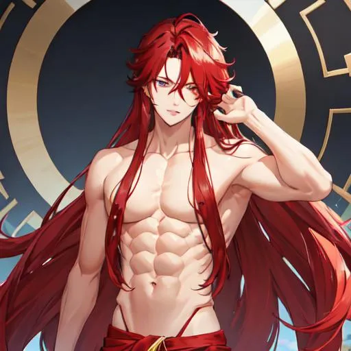 Prompt: Zerif 1male (Red long side-swept hair covering his right eye) shirtless