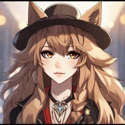 Prompt:  small-framed glamrock wolf human, with deep-set light brown eyes. They identify as female, and have a monotonous voice. As an accessory, they have a hat, and they can be seen wearing ribbons. Anime style. 