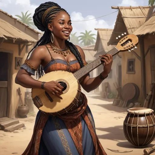 Prompt: Full body, Fantasy illustration of a black female bard, 22 years old, full figured, beautiful, westafrican, black braids, traditional West African garment, playing a Kora, African instrument, joyfull expression, singing, high quality, rpg-fantasy, detailed, medivial west African town