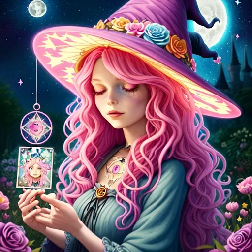Prompt: witch with wavy pink hair using tarot cards, wearing witch hat, cute, flowers, aesthetic, fairycore, disney, pixar, moon, stars, witchcraft, in a starry pastel sky,  garden, sweet, dreamy, award winning illustration, artstation, highres, realistic, lantern,glittering, colorful, vibrant, detailed