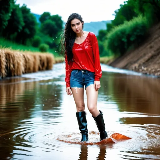 Prompt: photo of young woman, soaking wet clothes, Knee high boots , Long white legs, Red long sleeve top and tight levi jeans ,  , Standing in the river ,   enjoying, water dripping from clothes, clothes stuck to body,  detailed textures of the wet fabric, wet face, wet plastered hair,  wet, drenched, professional, high-quality details, full body view , Back vew 