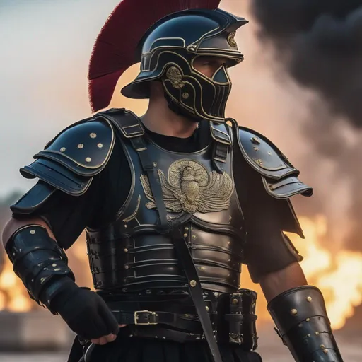 Prompt: A modern roman military male in black military armor galea helmet of roman armor, with a gunfire and gas mask, background Paris in war, Hyperrealistic, sharp focus, Professional, UHD, HDR, 8K, Render, electronic, dramatic, vivid, pressure, stress, nervous vibe, loud, tension, traumatic, dark, cataclysmic, violent, fighting, Epic