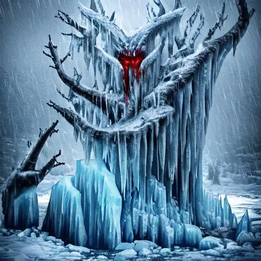 Prompt: Demonic force, ice, rain, iceberg, icy tundra, bleeding, blood, animalistic, demonic, draconic, forest, trees, birch