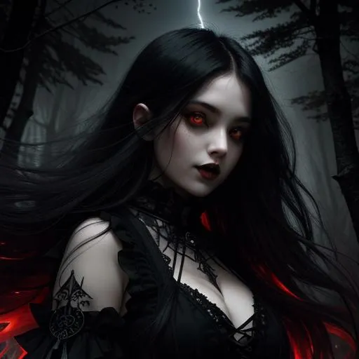 Prompt: gothic fantasy, close-up portrait, gloomy forest lake, laughing girl with a dagger in her hand, in a long black gothic dress, long hair flowing in the wind, large reflective red eyes, fierce look, well dressed, wandering lights, wind, lightning, moonlight, ominous red moon, surreal, symmetrical, intricate details, high detail, alcohol ink, Anne Stokes