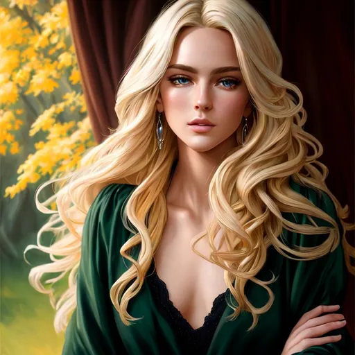 Prompt: Oil painting, Chiaroscuro, landscape, UHD, 8K, highly detailed, panned out view of the character, visible full body, hyperdetailed blonde hair, masterpiece, hyperdetailed full body, hyperdetailed feminine attractive face and nose, strong jaw, strong chin, oval face, complete body view, ((hyperdetailed eyes)), perfect body, perfect anatomy, beautifully detailed face, unfriendly expression, sharp facial details, standoffish, fierce expression, (((eighteen))), (((young woman))), (((young woman who is eighteen)))