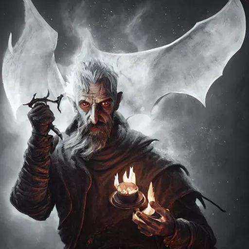 Prompt: Portrait of Old tiefling Olgierd von Everec with bat wings on his back, grey hair and piercing, a flame in one hand, a simicar in other hand, dark snowy iceberg, perfect composition, hyperrealistic, super detailed, 8k, high quality, trending art, trending on artstation, sharp focus, studio photo, intricate details, highly detailed, by greg rutkowski