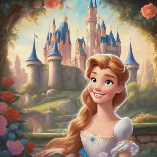 Prompt: Vivid, detailed, Disney classic art style, Giselle Disney princess, smiling, castle in background