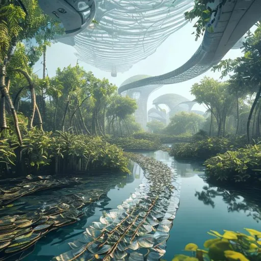 Prompt: outside mangrove swamp, futuristic fish farm, small, solarpunk, aquaculture, kelp garden, realistic details, photorealistic, 8k render, cinematic lighting, ultra detailed