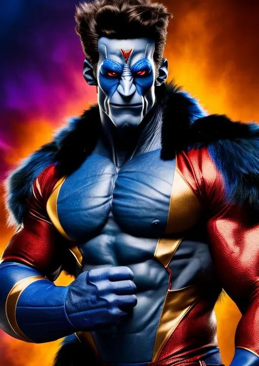 Prompt: High-resolution hyperrealistic photo of x-man nightcrawler kurt wagner merged with x-man beast hank mccoy, blue-black skin and fur, very muscular, black and red and gold costume, kind, sad, feral, uhd, hdr, 64k