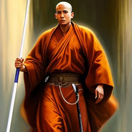 Prompt: oil painting, hd quality, UHD, hd , 8k, hyper realism, panned out view resolution, male monk, quarterstaff, full length