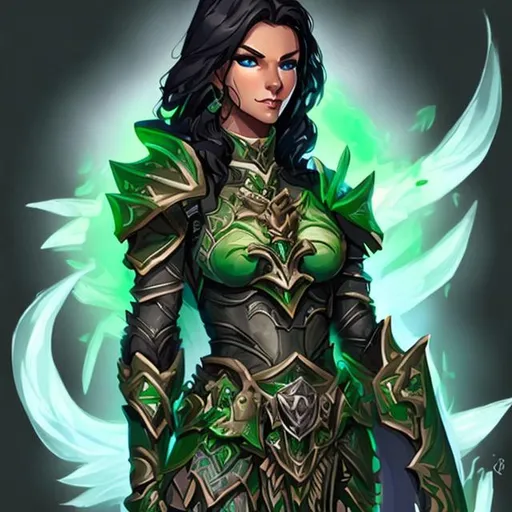Prompt: Female variant aasimar paladin druid, elegant green armor, black hair, tanned skin
