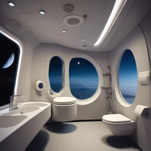 Prompt: BATHROOM IN A SPACECRAFT WITH A WC AND A THERMOSTATIC OVERHEAD SHOWER WITH DIVERTER WITH A VIEW OF THE MOON FROM THE WINDOW
