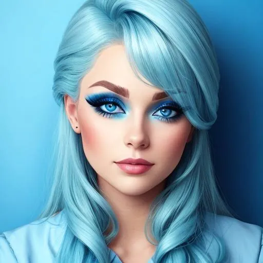 Prompt: A woman all in blue, blue eyes, pretty makeup