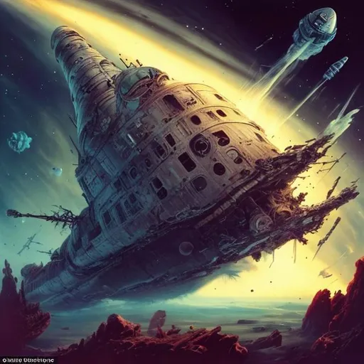 Prompt: space ship wrecks dead astronaut many colours epic fantastic extreme   war battle long ago ancient orbiting dead city planet 