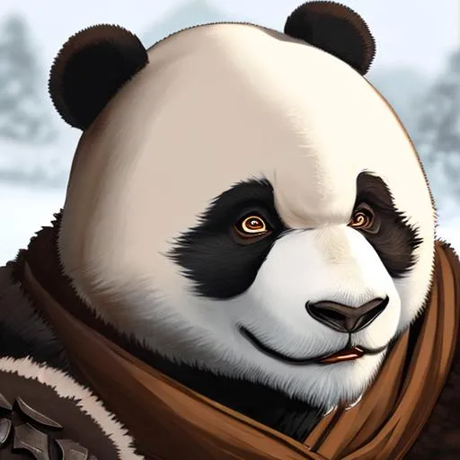 Prompt: big panda warrior, monk, in long brown furry coat, in winter environment, in dnd style, dungeons and dragons, closeup of face