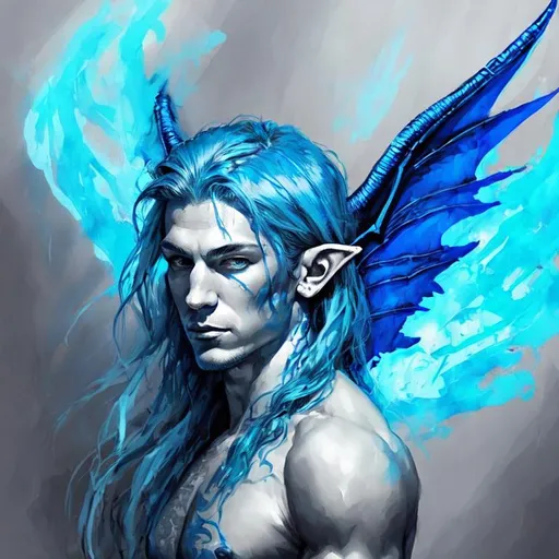 Prompt: Big Blue Dragon wings on an elf man with long Azure hair and fire