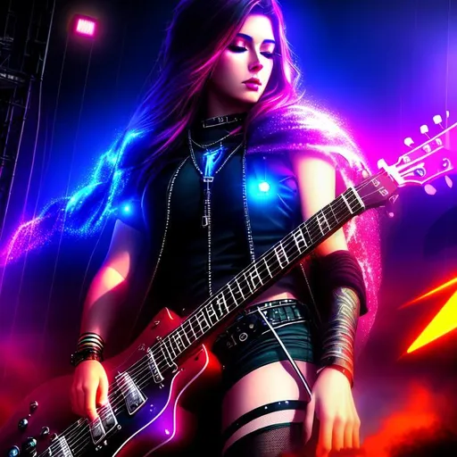 Prompt: Exciting, Vivid, Explosive, Wild, Heroic, cinematic lighting, 3D, HD, {Goddess}Guitarist, mist, expansive {rock music}stage background, hyper realistic, 8K --s98500