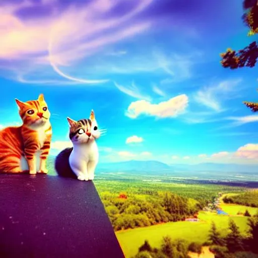 Prompt: long shot scenic professional photograph of {cute cartoon cats}, perfect viewpoint, highly detailed, wide-angle lens, hyper surrealistic, with dramatic sky, polarizing filter, natural lighting, vivid colors, everything in sharp focus, HDR, UHD, 64K