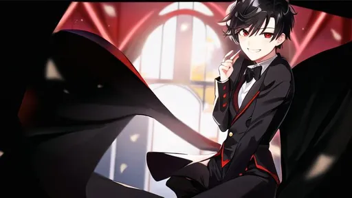 Prompt: Damien (male, short black hair, red eyes) grinning