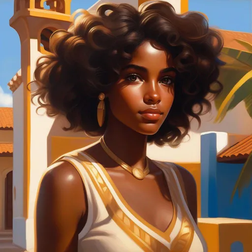 Prompt: Third person, gameplay, Dominican girl, dark skin, curly brown hair, brown eyes, 1970s, Santo Domingo, golden atmosphere, cartoony style, extremely detailed painting by Greg Rutkowski and by Henry Justice Ford and by Steve Henderson 