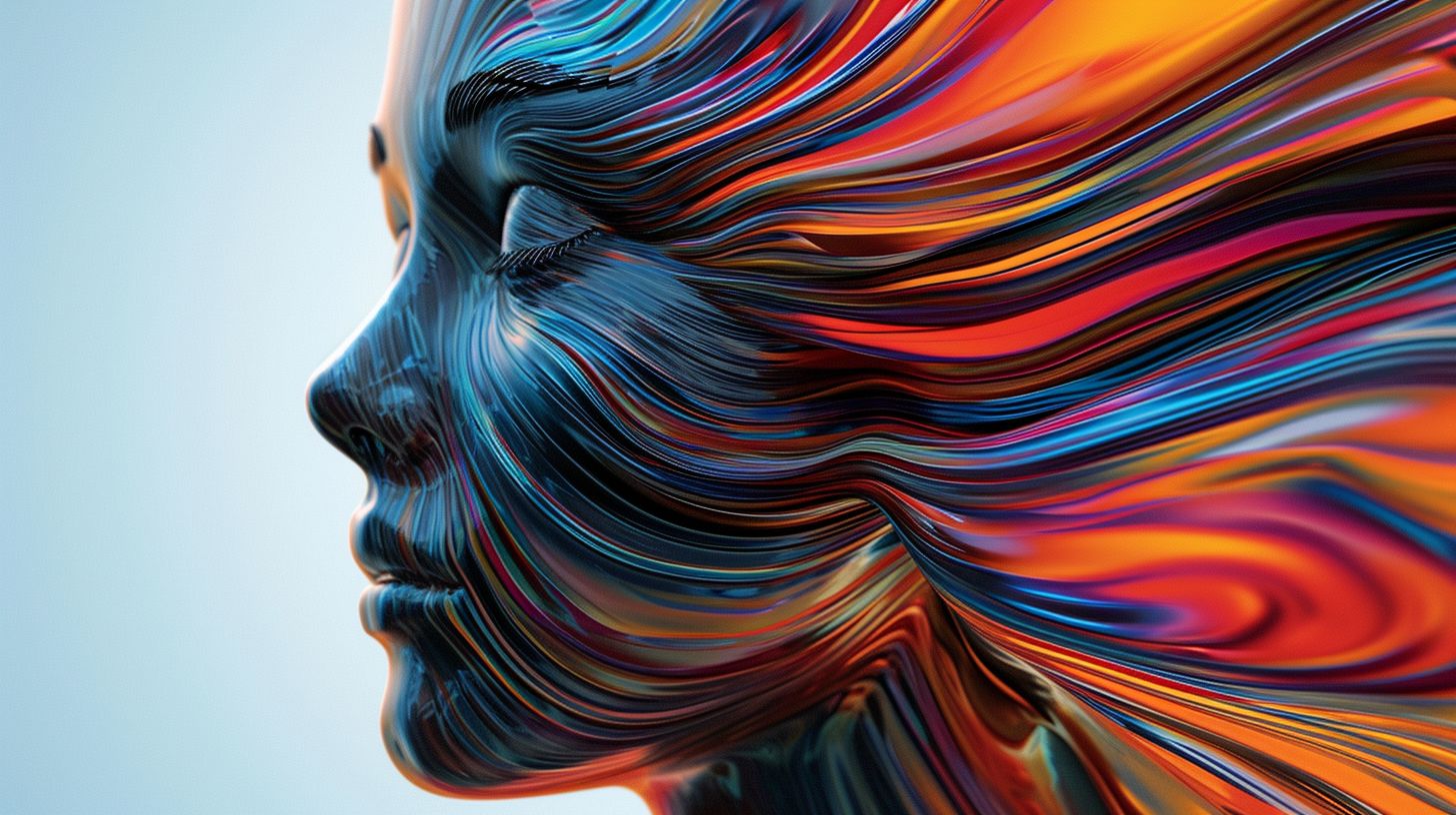 Prompt: 3d digital photography design for a woman's head, in the style of swirling colors, split toning, hyper-realistic oil, flowing lines, detailed character illustrations, colorful mindscapes, matte photo