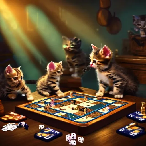 Prompt: kittens playing a board game dramatic lighting 4K Ultra HD 3D fanciful cat cute