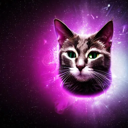 Prompt: Neon, cat warrior purple, blue eyes, pink galaxy background,